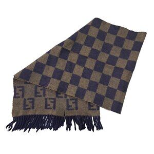 FENDI Check Monogram Knit Wool FF Geometric Pattern Mafla Fringe Brown SCARF